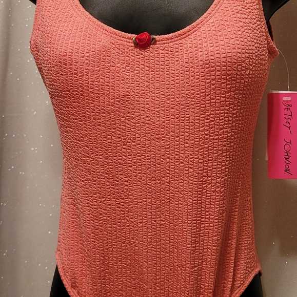 One-piece swimsuit by Betsey Johnson pink retro style rosebud detail, small NEW - Picture 4 of 16